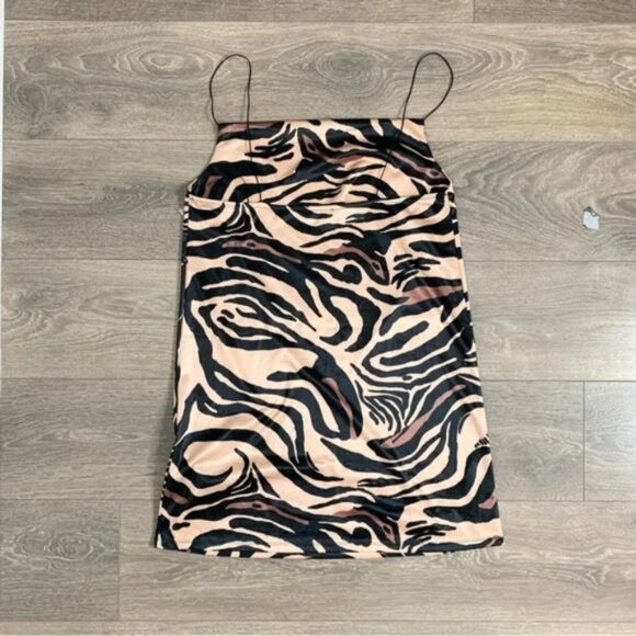 Zara Tiger Animal Print Cowl Neck Satin Slip Mini Dress Size Medium Brown Tan - Picture 14 of 16